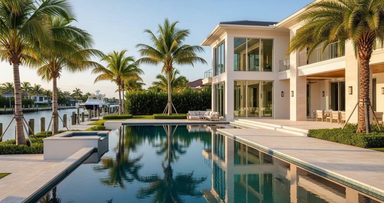 Luxury waterfront residential property at dusk